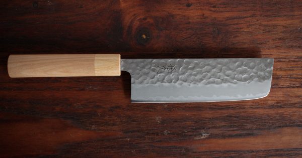 Tsunehisa White steel nakiri with hammer pattern finish